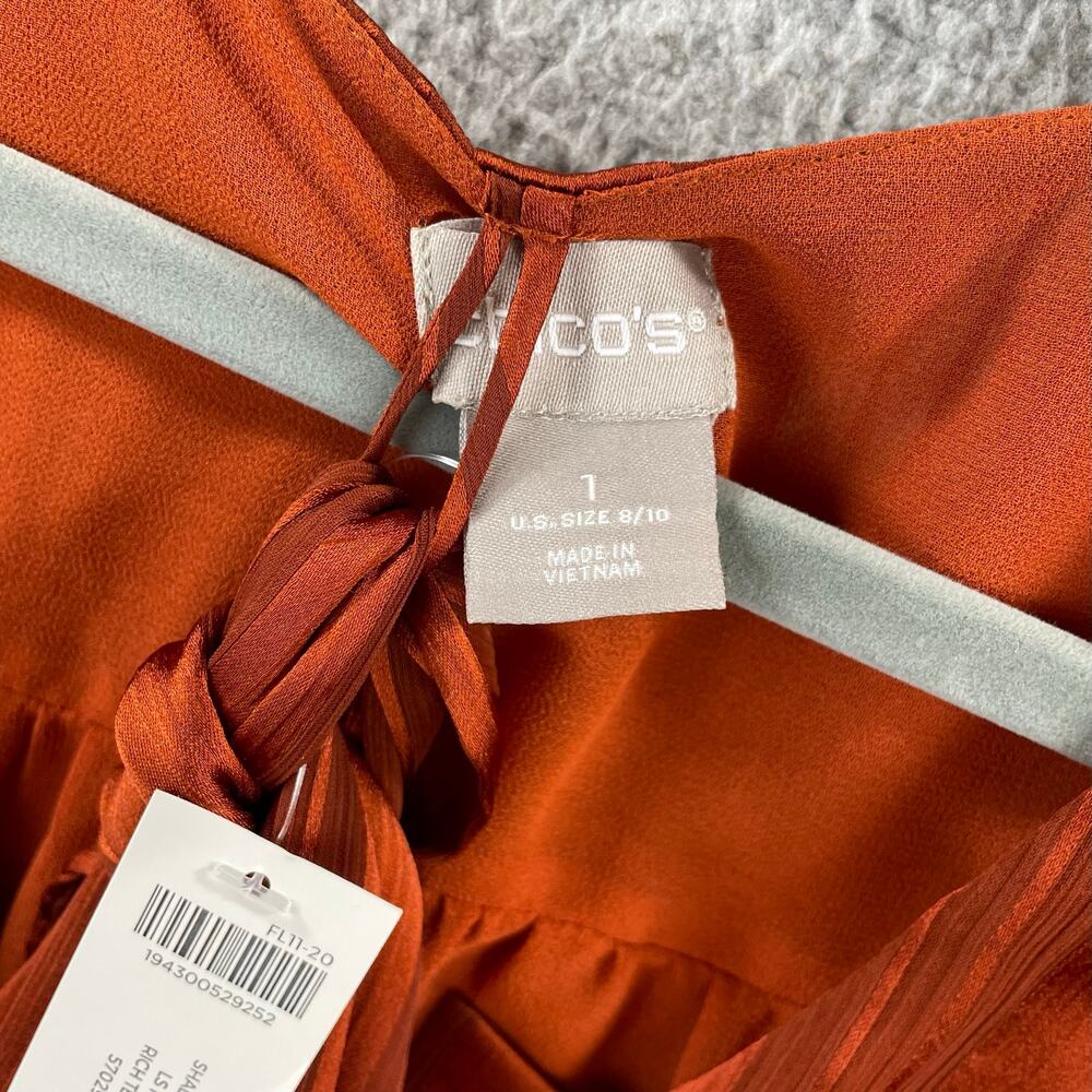 Chicos Blouse Womens Medium Bow Shadow Stripe Top Satin Terracotta Rust Sz 1 NWT - Picture 9 of 13